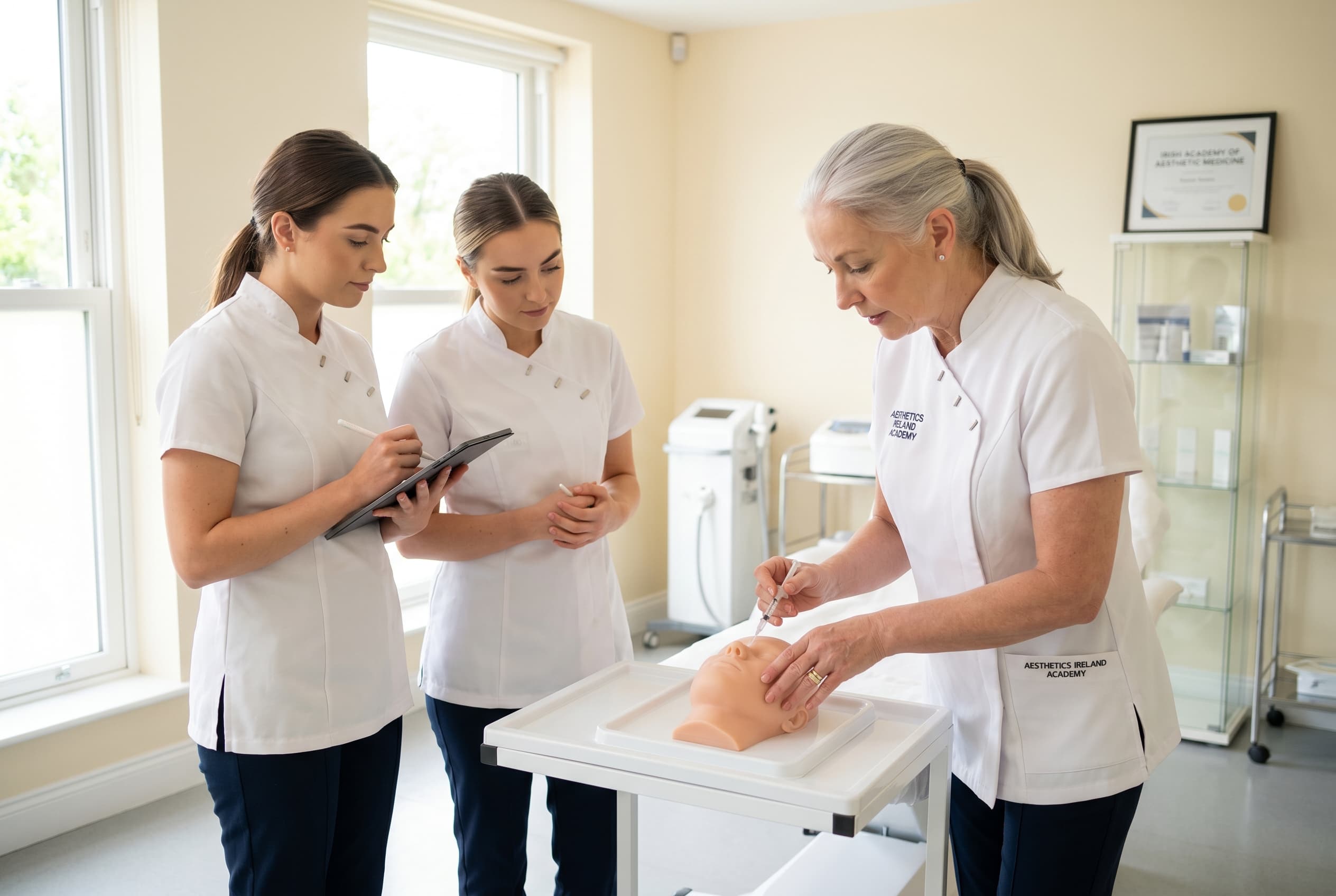 Senior practitioner training two students at an aesthetic academy in Ireland