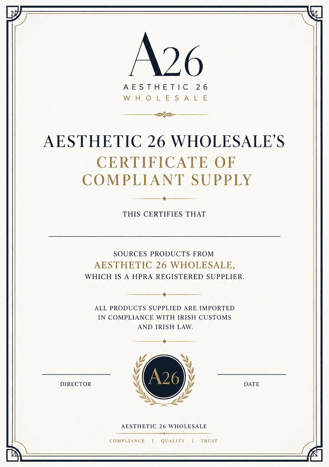 Aesthetic 26 Wholesale — Certificate of Compliant Supply